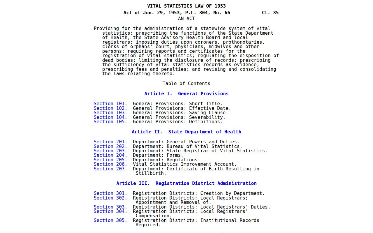 Whitehall Township residents directory view of Pennsylvania Vital Statistics Law access text