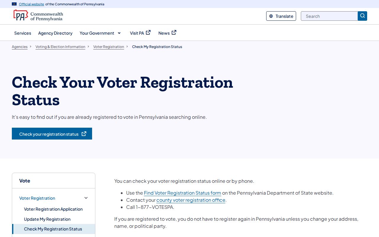 Whitehall Township residents directory view of the Pennsylvania voter registration status service