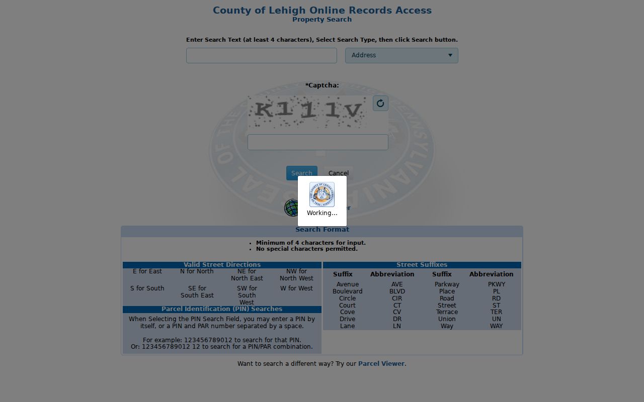 Whitehall Township residents directory view of the Lehigh County ORA property search form