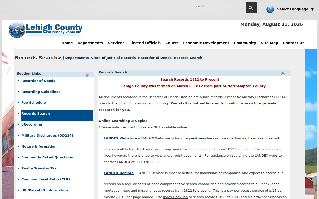 Whitehall Township residents directory view of the Lehigh County Recorder of Deeds records-search page