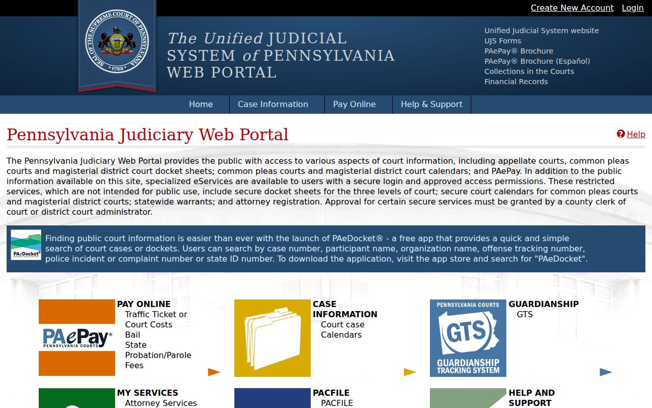 Whitehall Township resident lookup view of the Pennsylvania Judiciary public portal