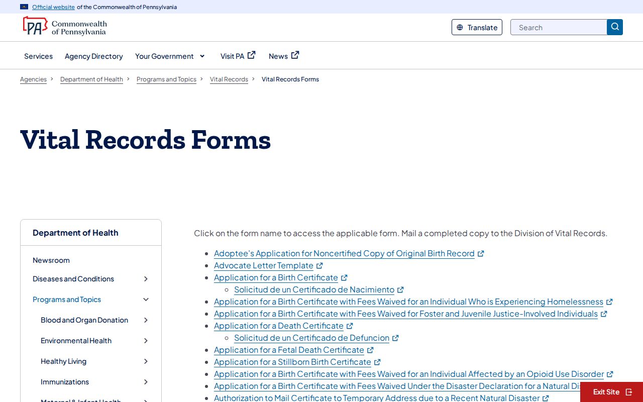 Whitehall Township resident lookup path through Pennsylvania vital-record forms